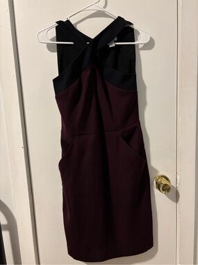 DKNY Black and Plum One-Shoulder Crossback Sheath Dress